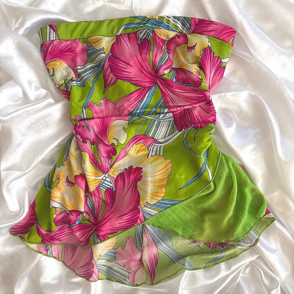 Be ware Vintage Y2K Tropical Floral Tube Top Ruffle Hem Lime Pink Large